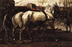 George-Hendrik Breitner Two White Horses Pulling Posts in Amsterdam Germany oil painting art